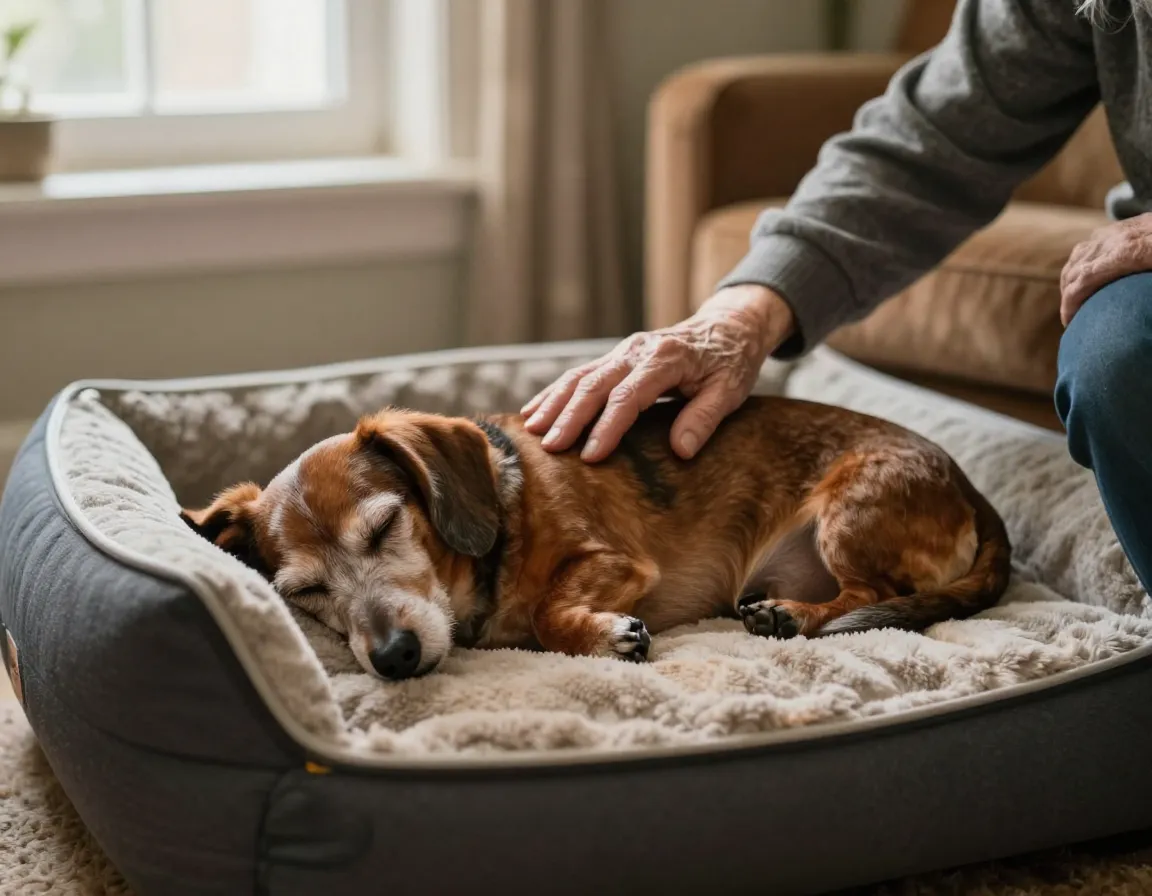 Elderly miniature dachshund sleeping on orthopedic bed near senior owner
