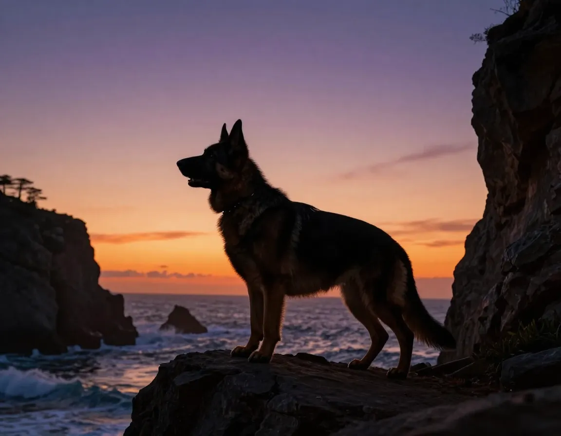 German shepherd silhouette against ocean sunset bluff