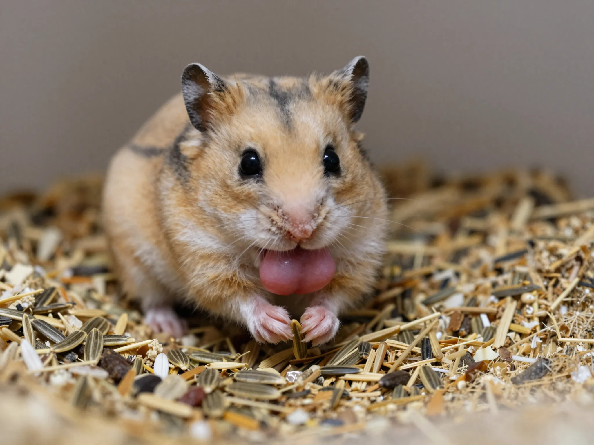 Hamster with stuffed cheeks building food nest