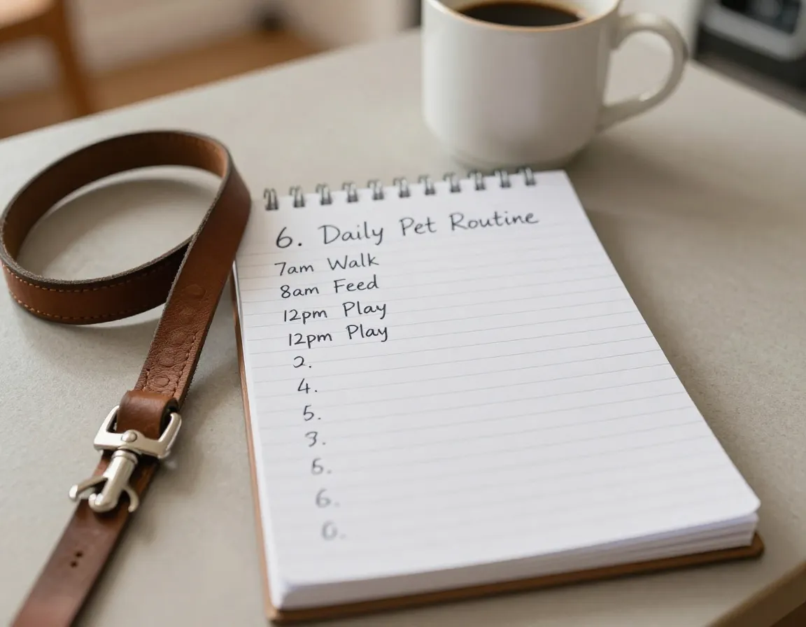 Handwritten daily pet routine schedule on a notepad