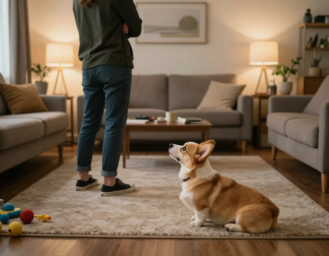 Person turning back ignoring nipping puppy in living room