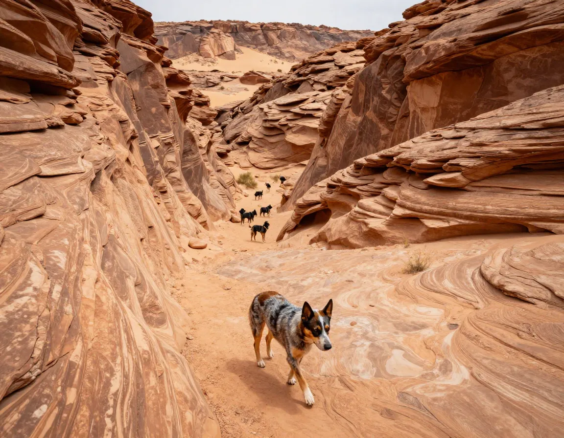 Australian cattle dog exploring rugged desert canyon