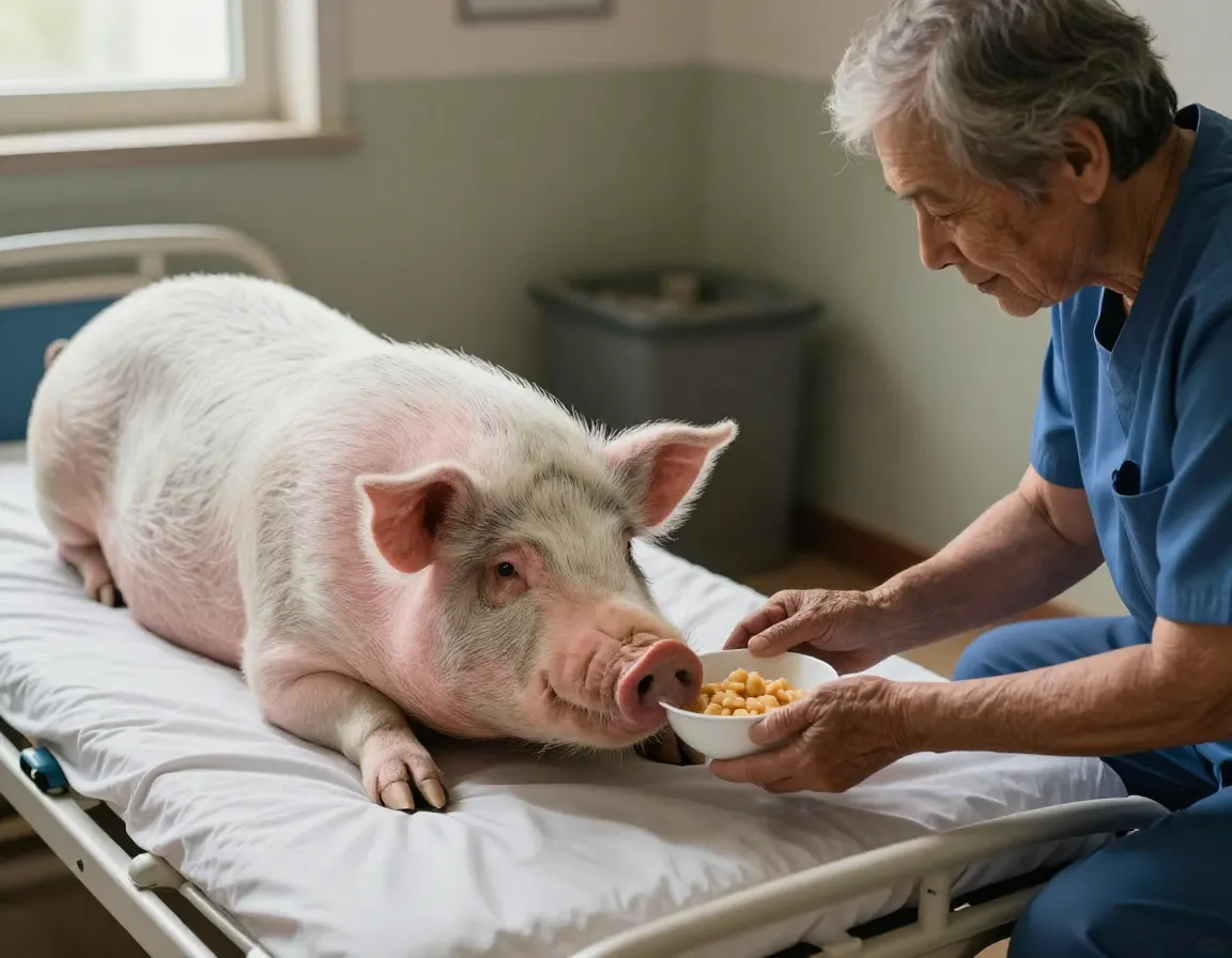 Elderly person feeding senior pig on orthopedic bed