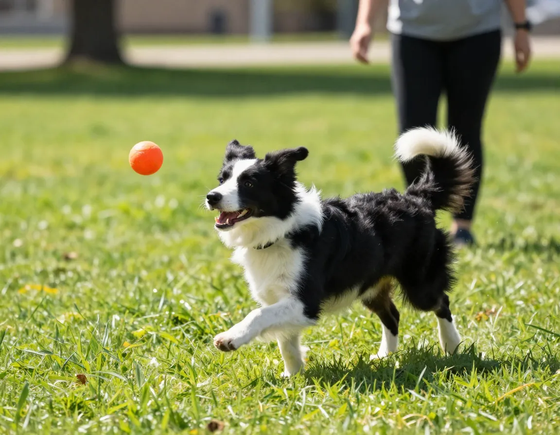 Puppy playing fetch in sunny park for exercise and stimulation