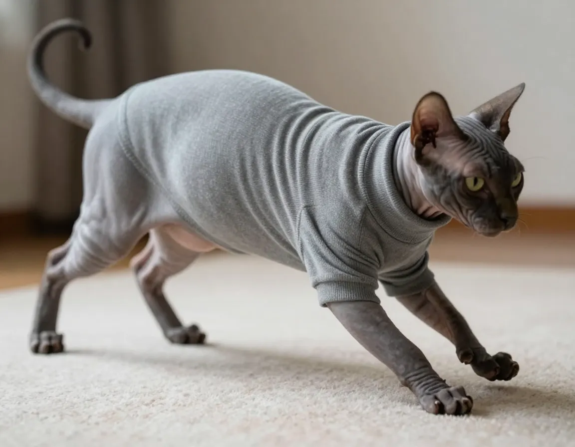 Seamless stretchy cat sweater on a sphynx cat stretching