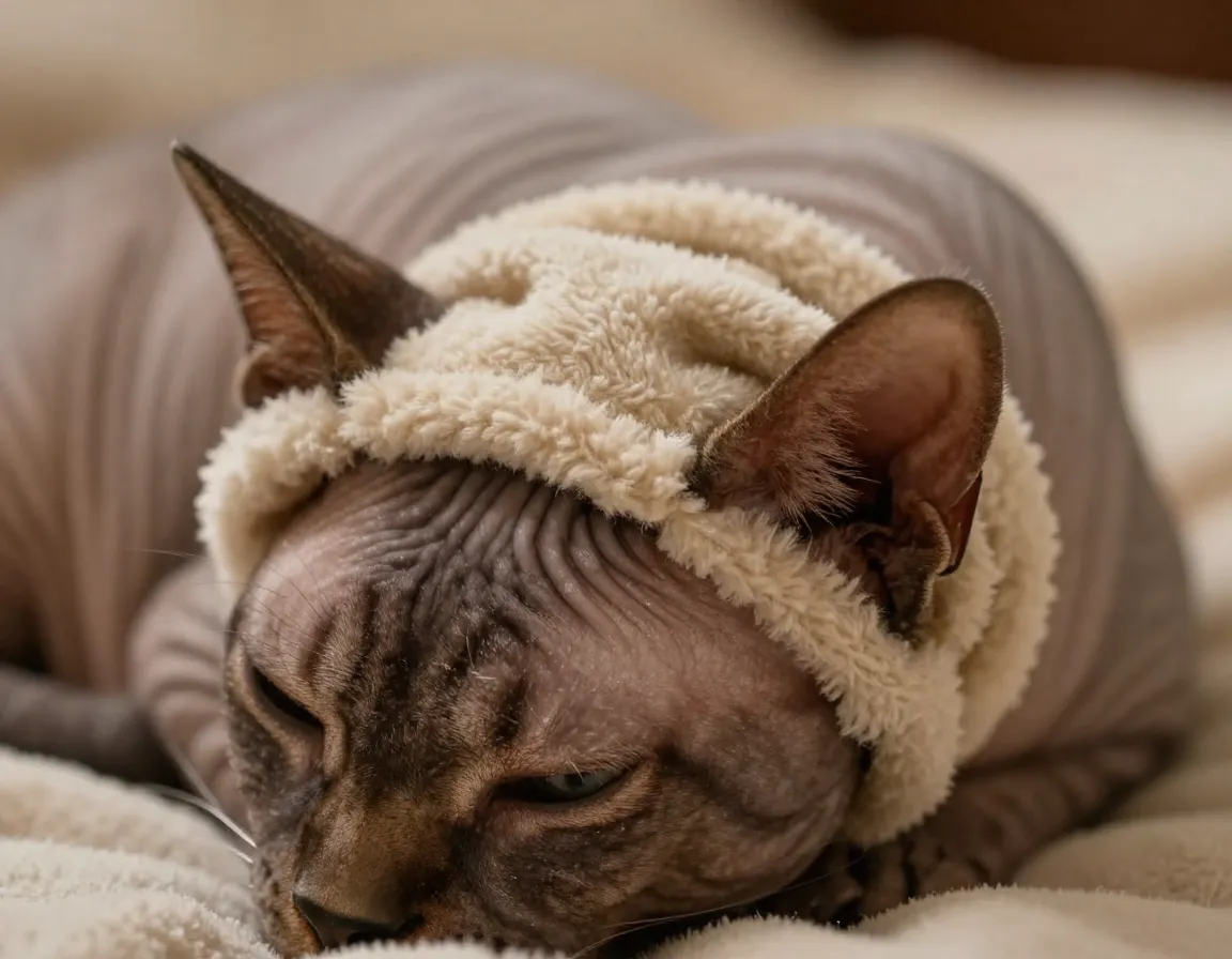 Senior cat wearing fleece lined winter ear warmers band