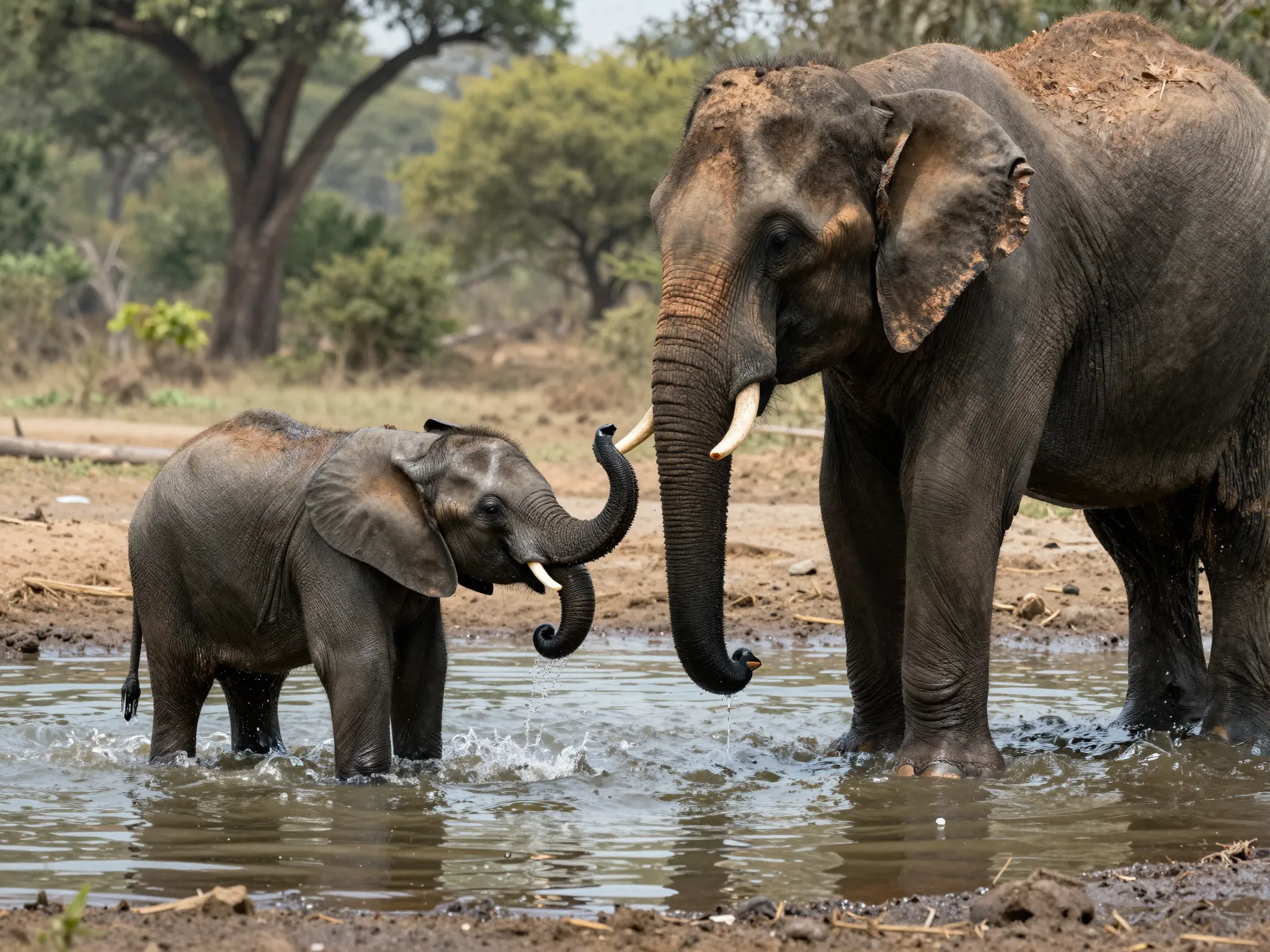 Baby elephant playing in water with mother