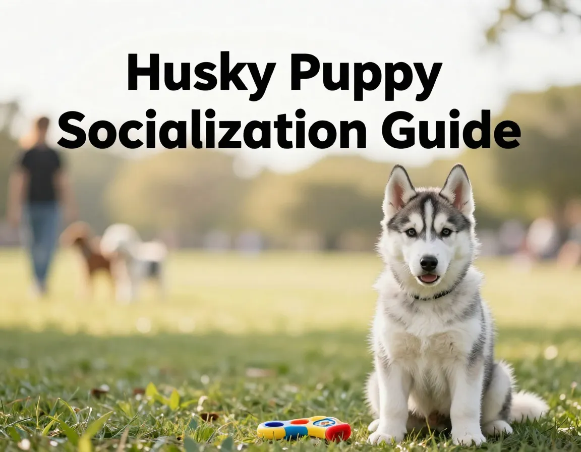 Husky puppy sits calmly near training tools in sunlit park
