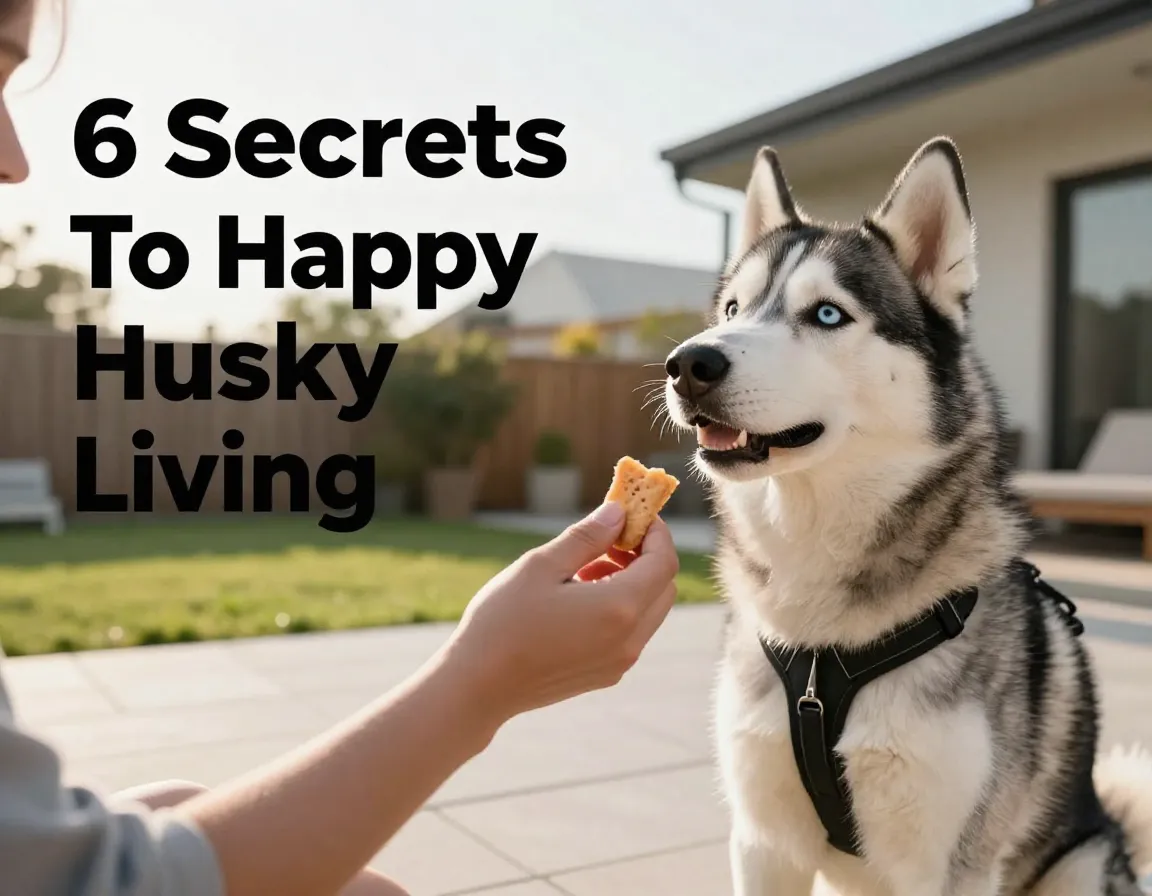 Positive reinforcement training moment with siberian husky in sunlit backyard