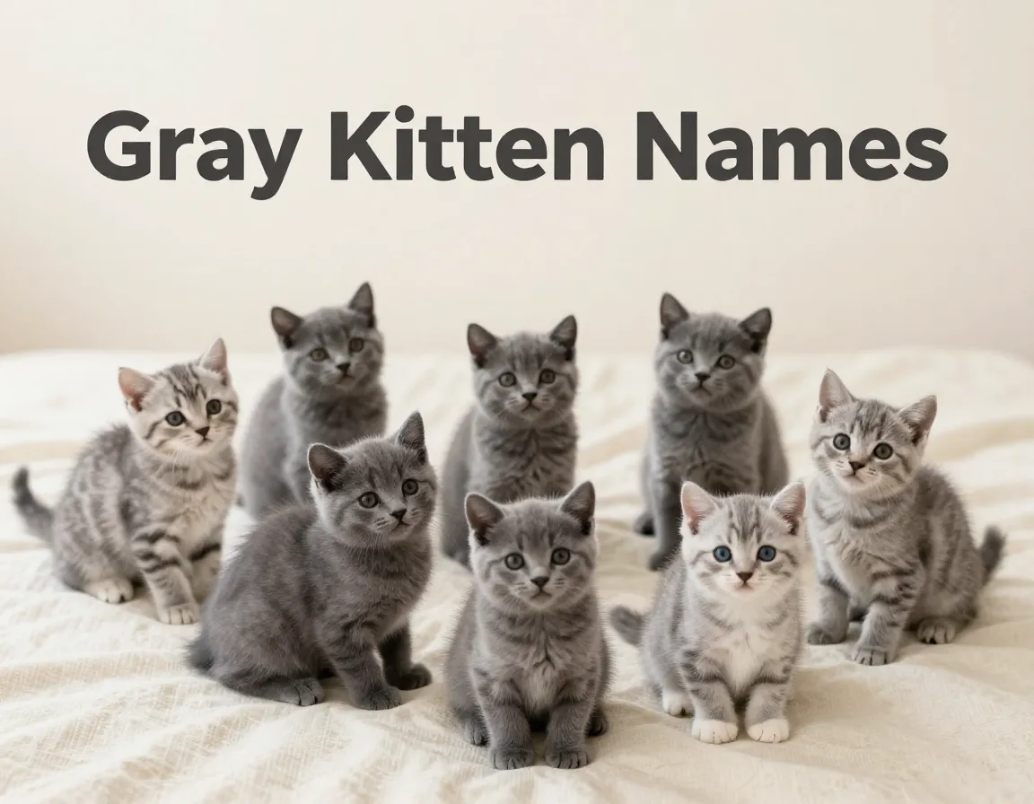 Seven gray kittens scattered on cream fabric high angle shot