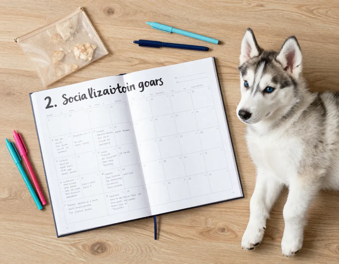 A calendar with daily socialization goals next to a twelve week old husky puppy