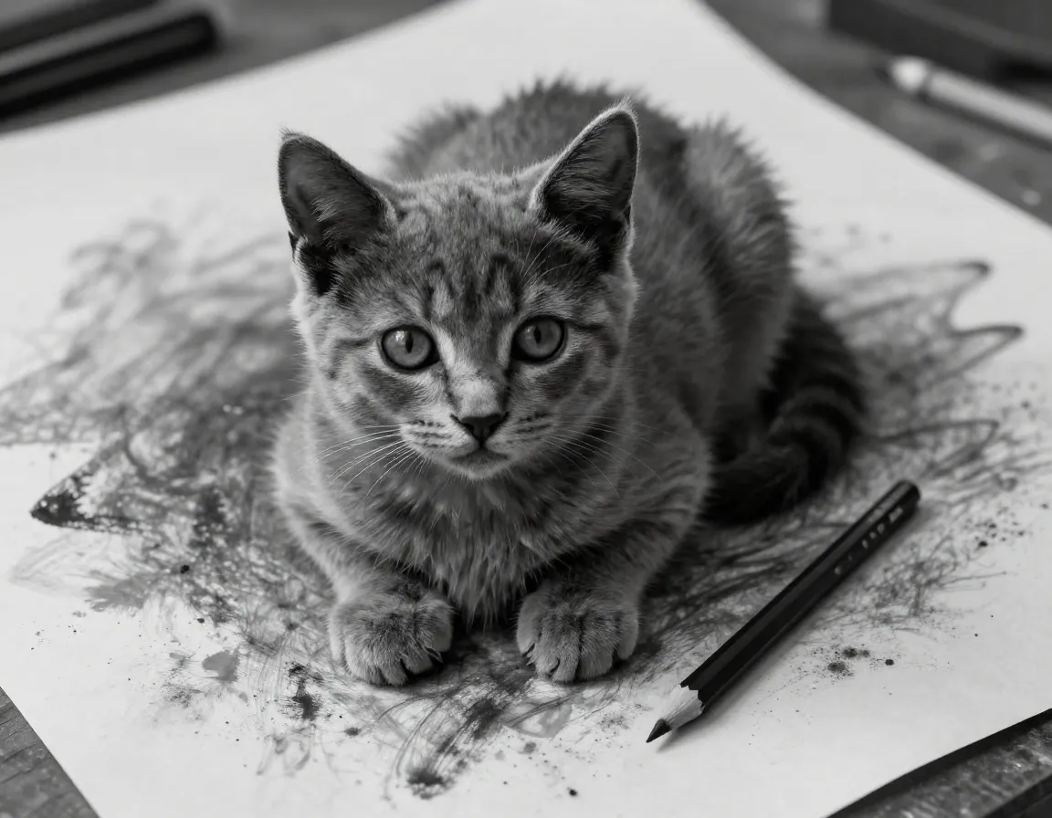 A mischievous gray kitten with smudged markings rests on charcoal drawing paper