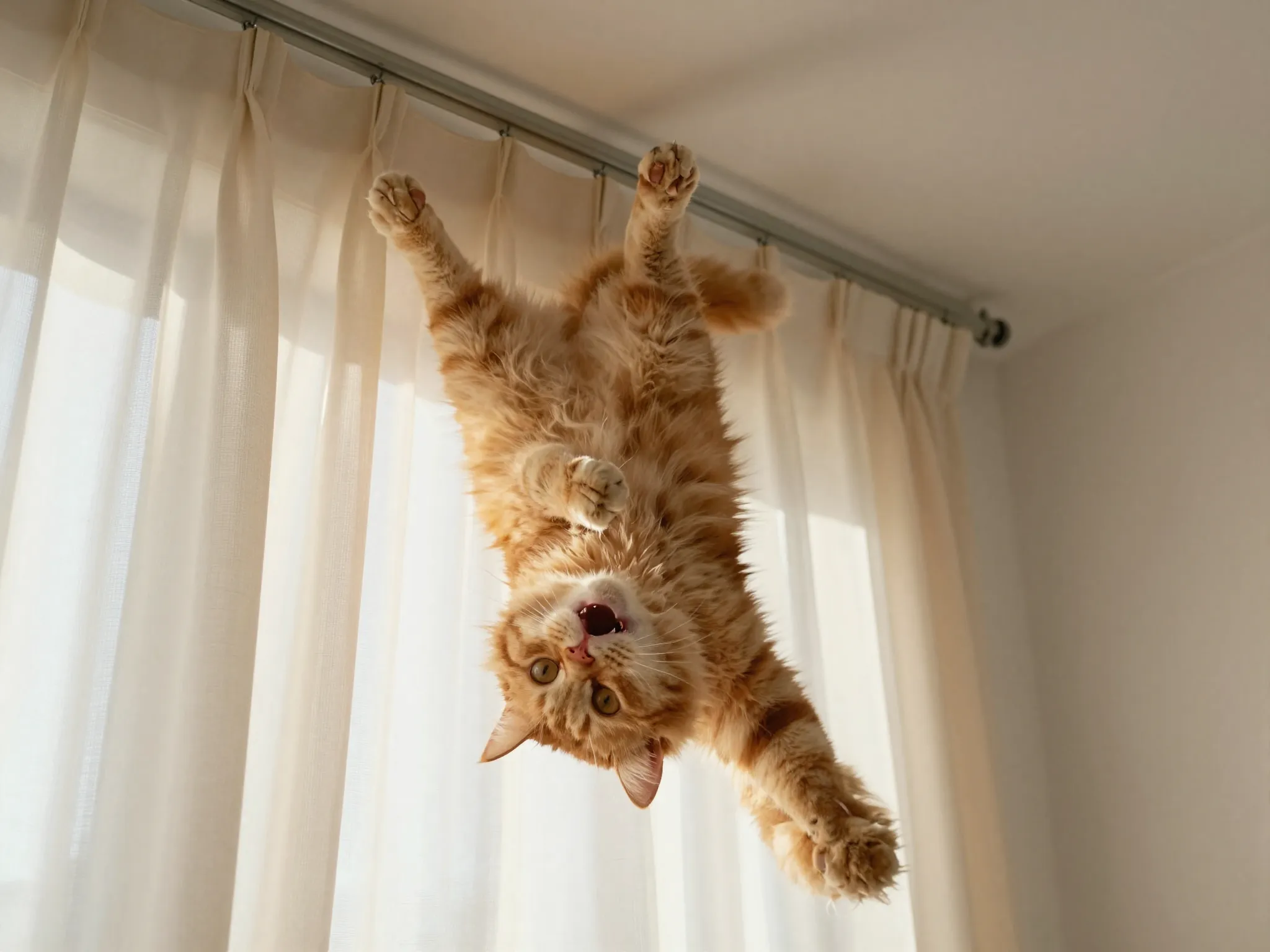 Fluffy orange tabby hanging upside down from curtain rod