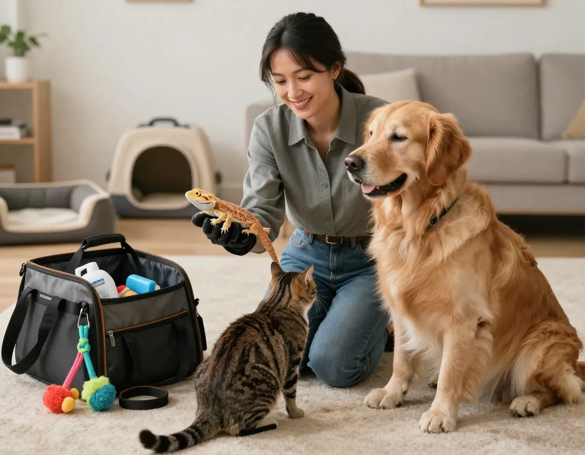 Pet sitter showing diverse pet experience with multiple animals