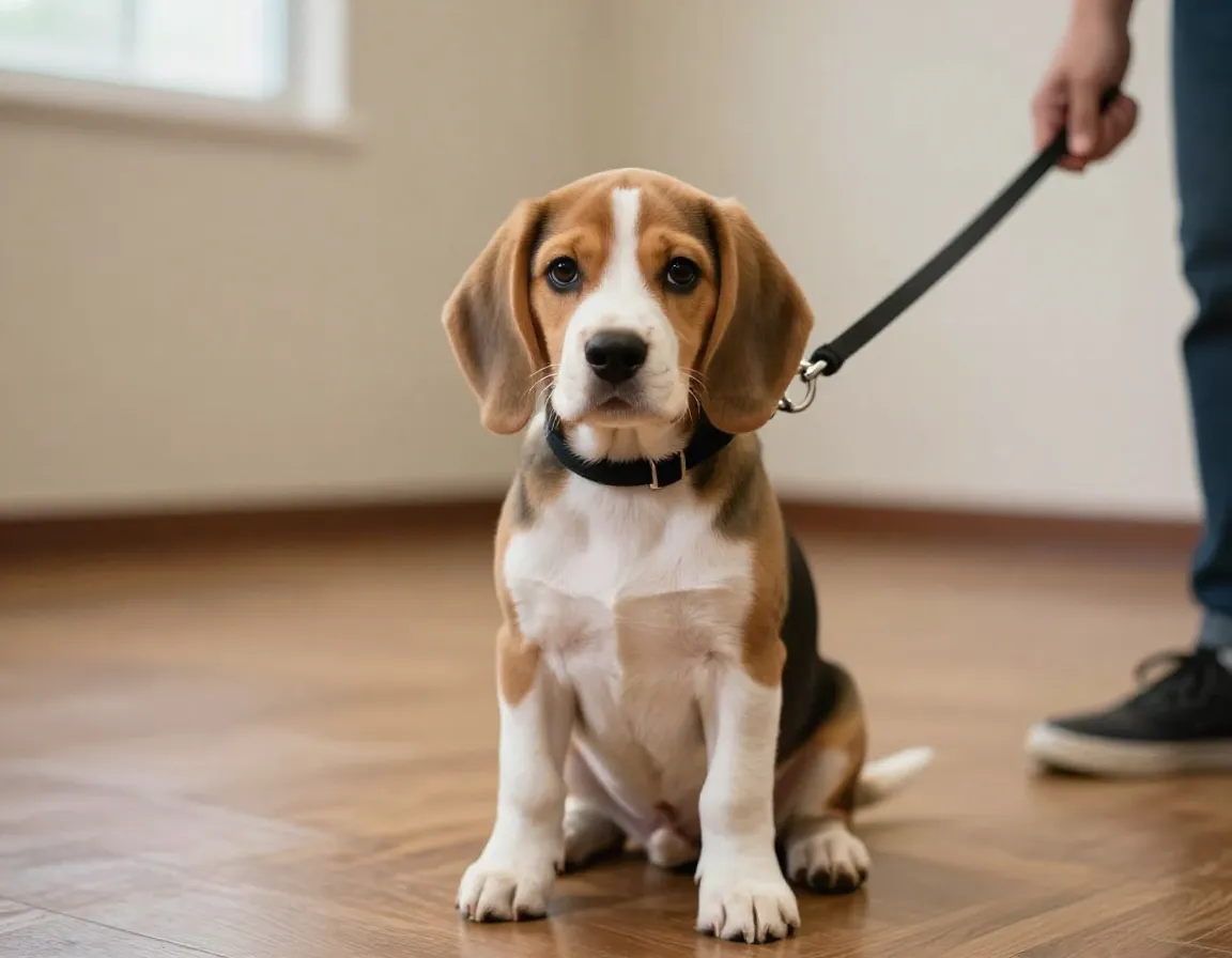 Young beagle puppy training indoors with leash quiet room