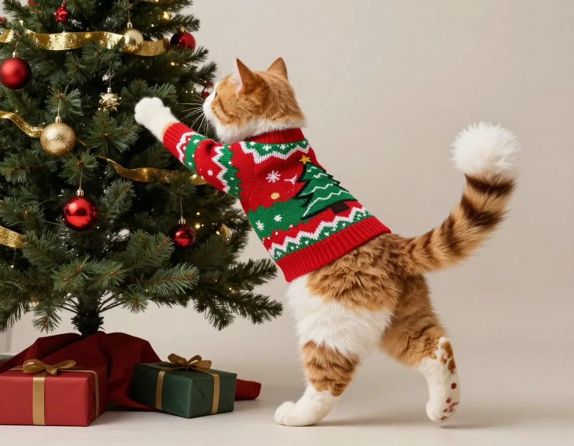 Cat butt climbing christmas tree with fluffy wagging pom pom tail