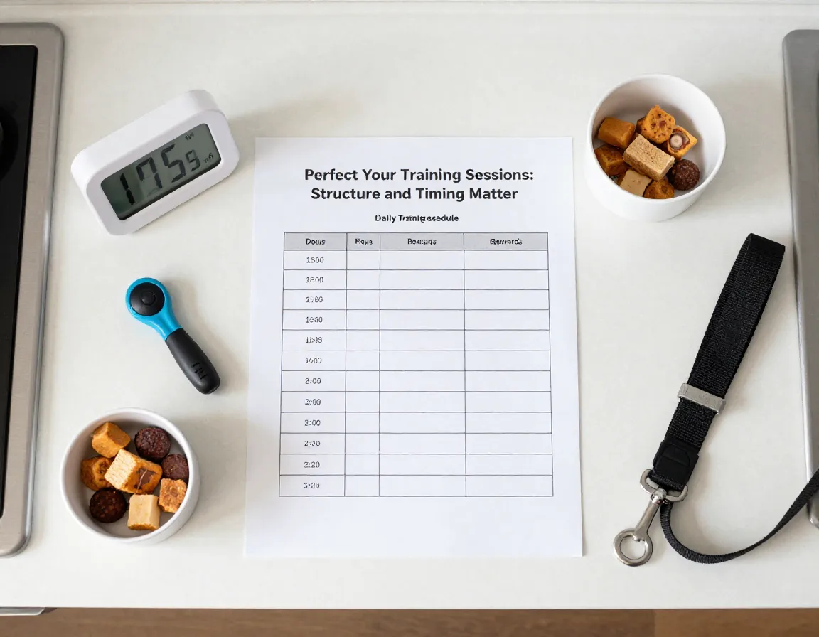 Overhead view of organized husky training schedule and timer on counter