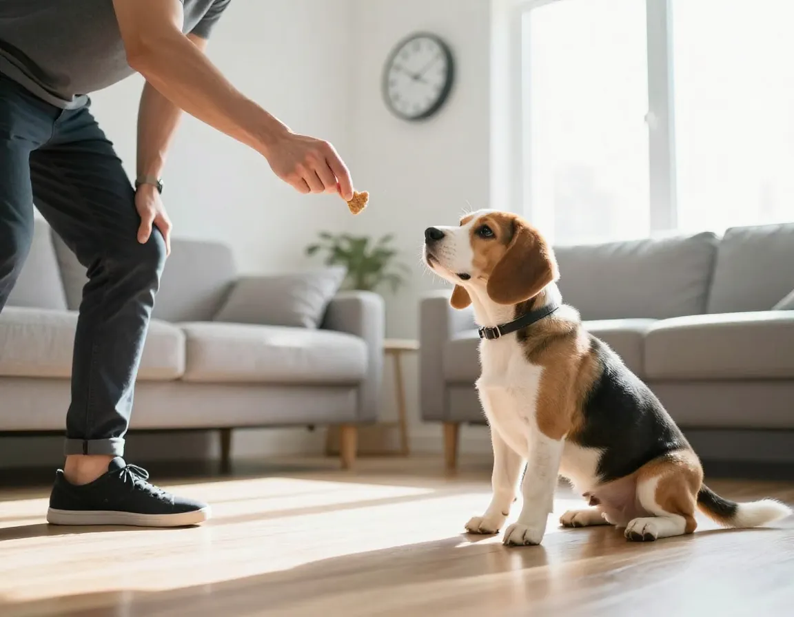 Trainer and beagle puppy short morning session basic commands