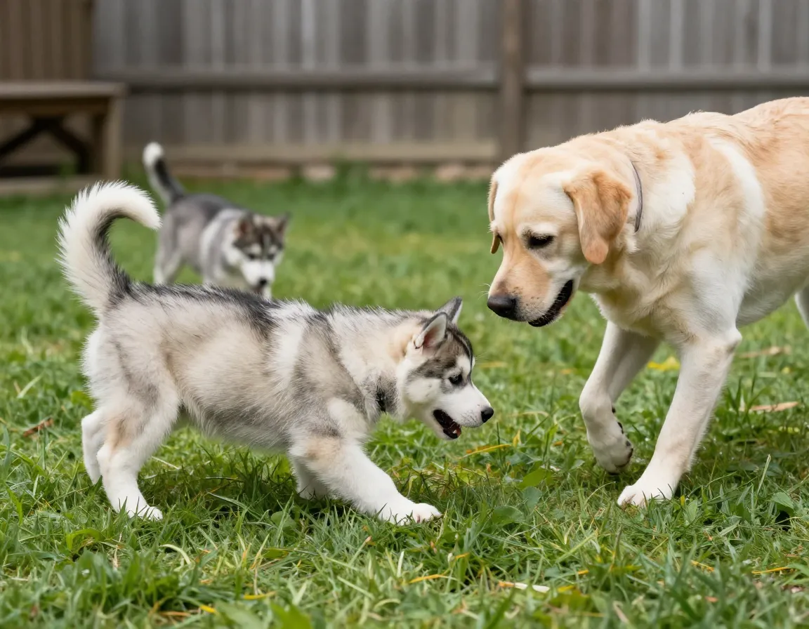 A husky puppy playing gently with a calm adult dog on grass