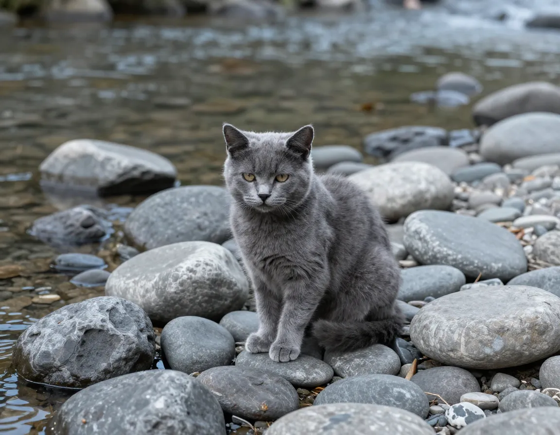 A solid gray kitten sits calmly among smooth gray river stones
