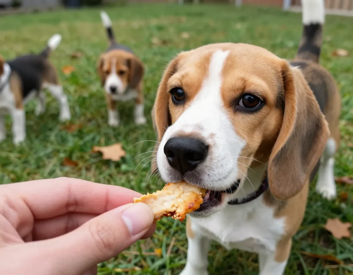 Beagle puppy ignoring high value chicken treat distracted scent