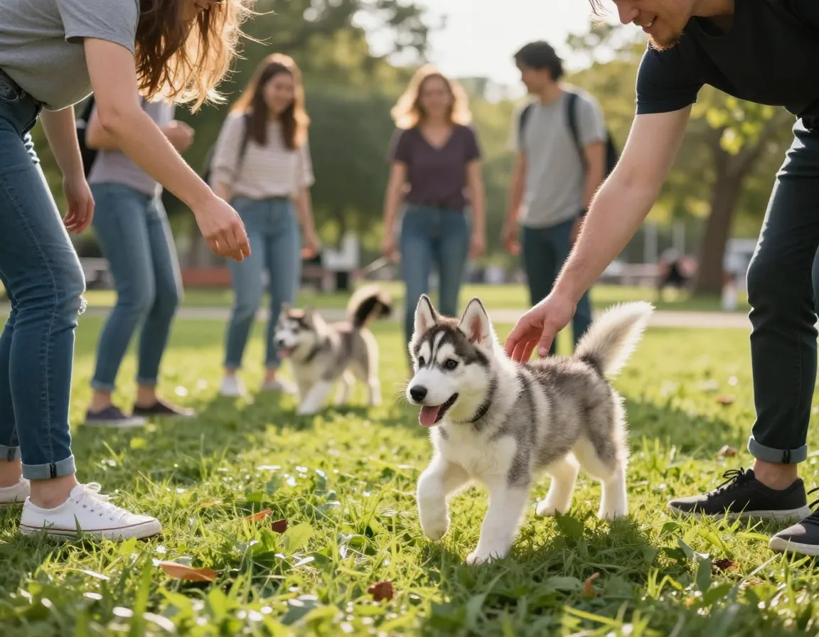 Husky puppy socializing with diverse people in a sunny park setting