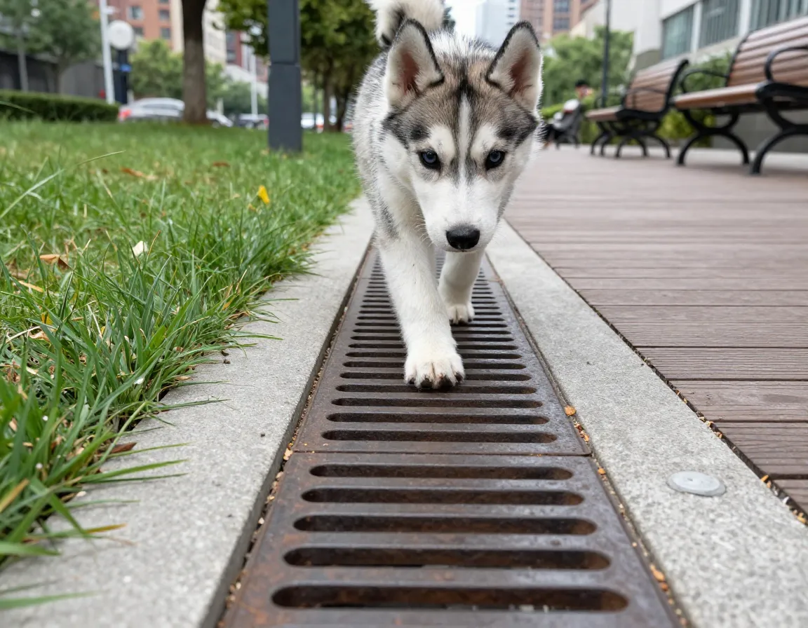 A husky puppy walks across different surfaces in an urban park