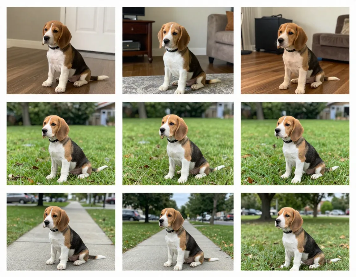 Beagle puppy practicing sit command in five different locations