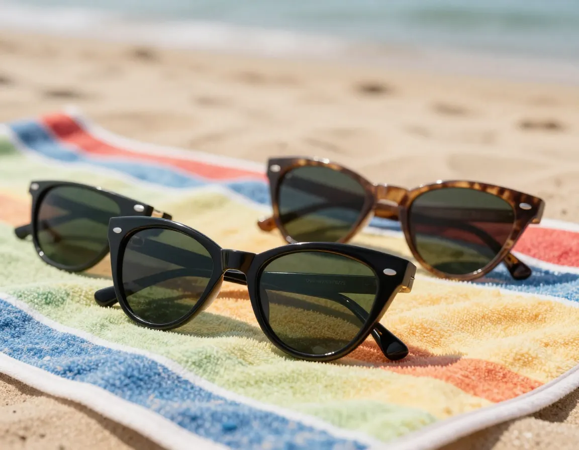 Classic cat eye sunglasses with polarized lenses on a sandy beach
