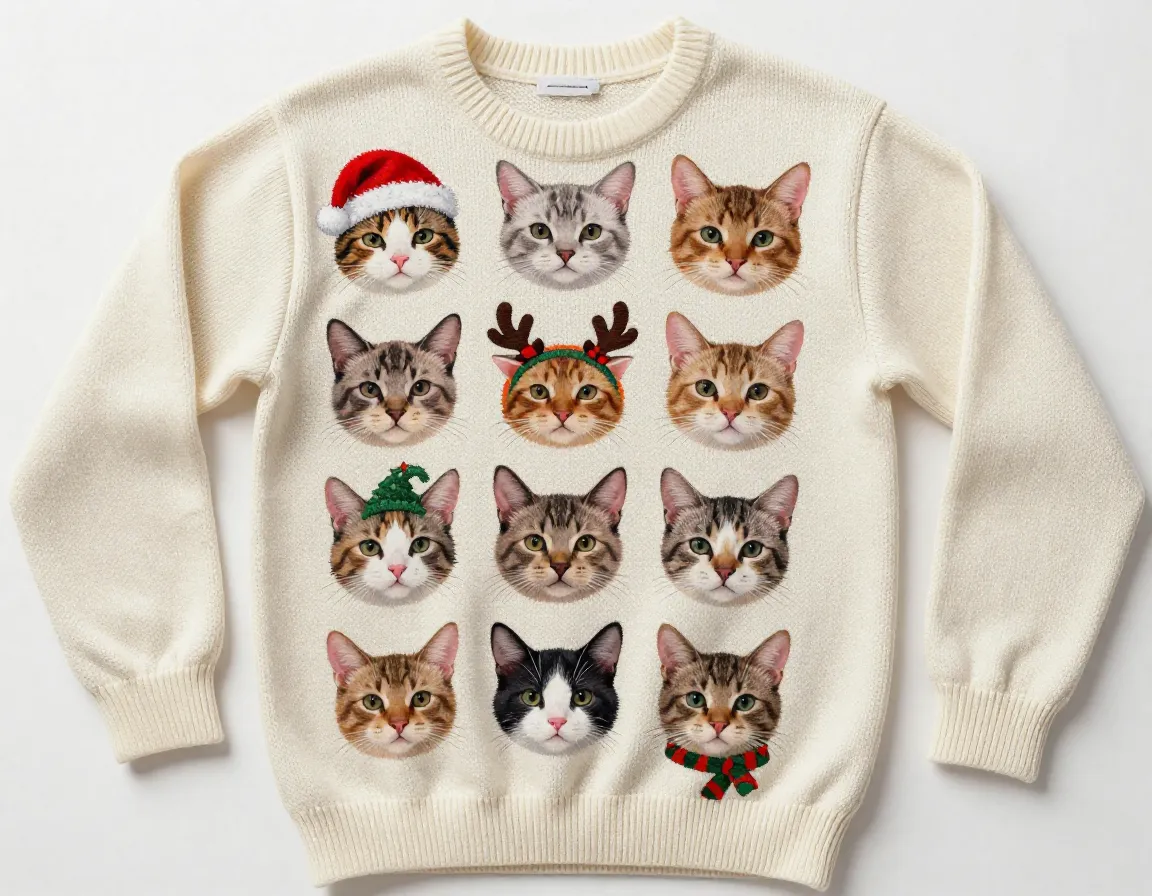 Crazy cat lady sweater with twelve unique festively accessorized feline faces