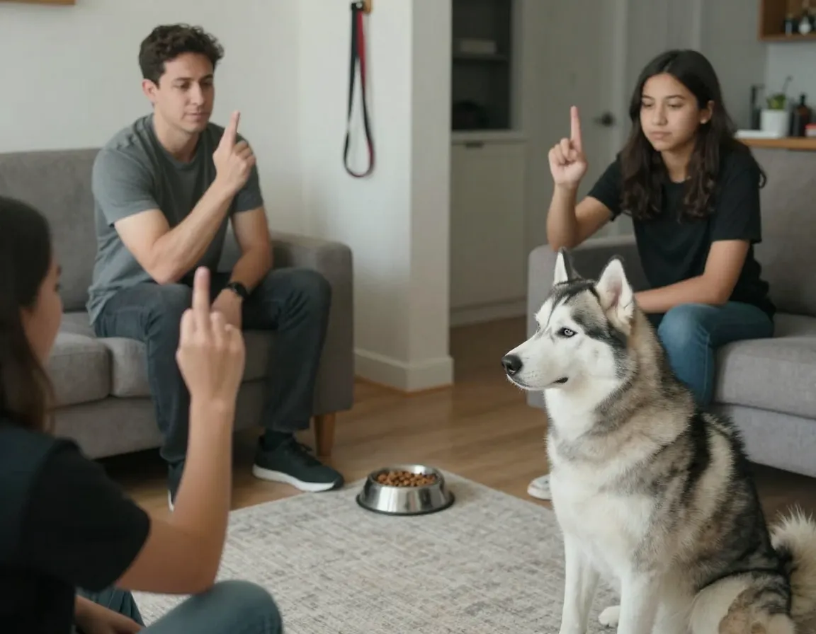 Family members using identical hand signal with husky in consistent living room