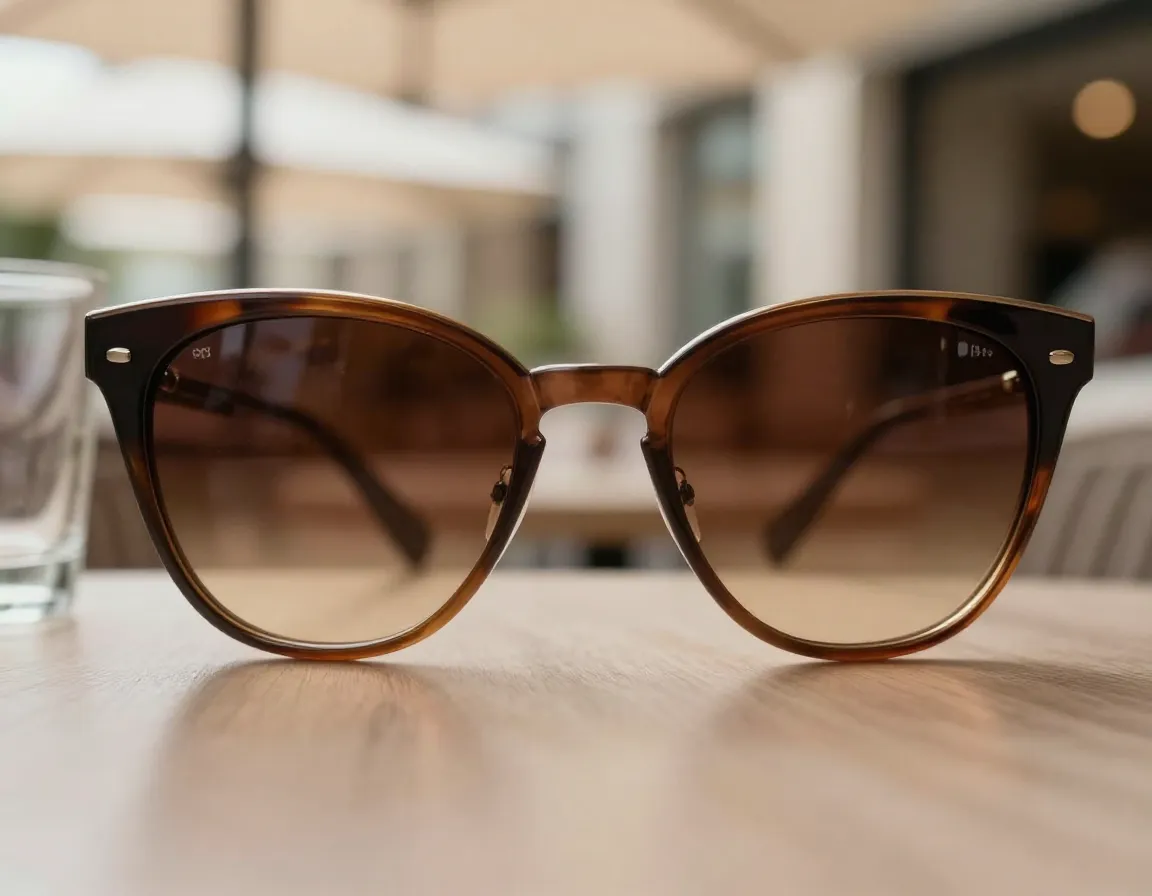 Cat eye sunglasses with brown gradient lenses at a summer cafe