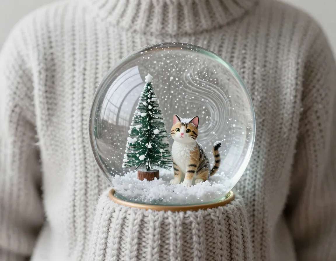 Functional snow globe sweater with miniature cat and swirling snow scene