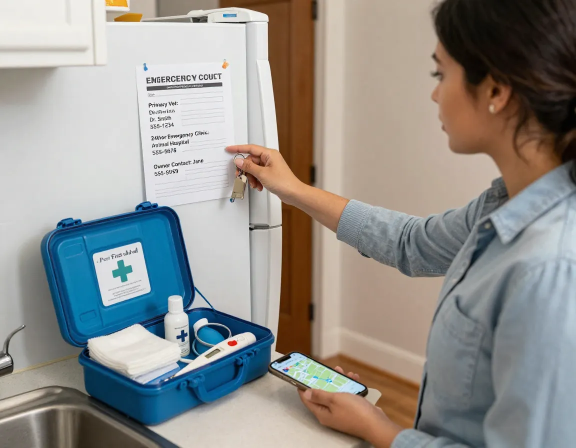 Pet sitter reviewing emergency vet contacts and first aid kit