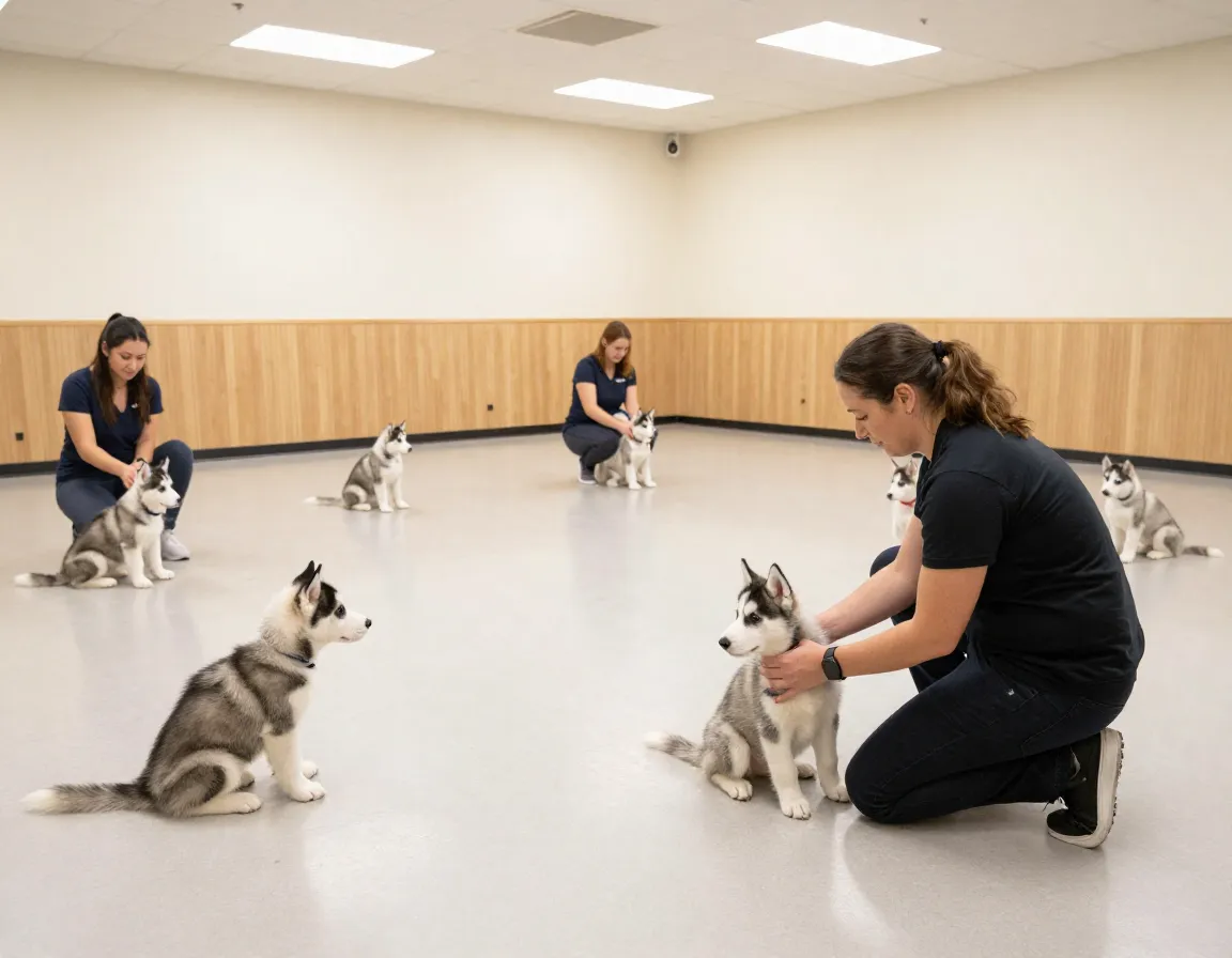A husky puppy participates in a structured puppy socialization class