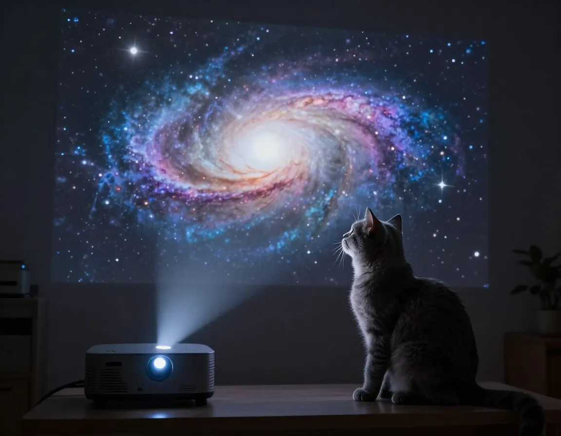 An intelligent gray kitten gazes at a glowing galaxy projection on a wall