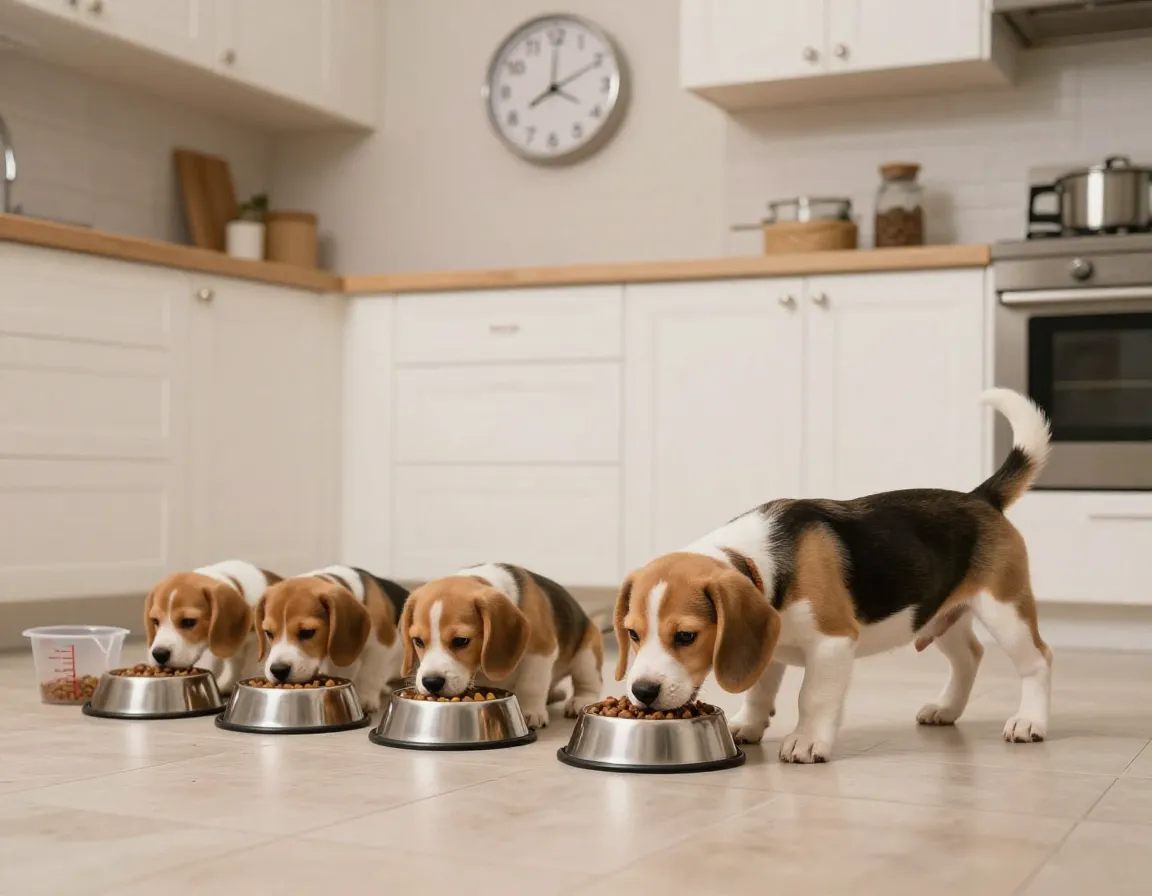 Beagle puppy feeding from bowl on consistent schedule kitchen