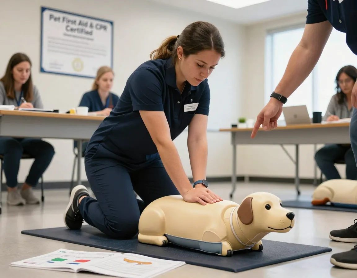 Certified pet sitter demonstrating pet cpr on practice dummy