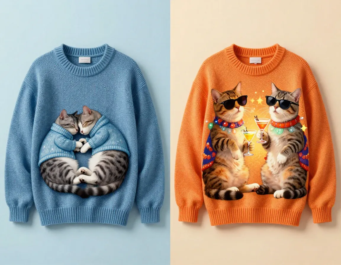 Heat reactive sweater transforming sleeping cats into party animal scene