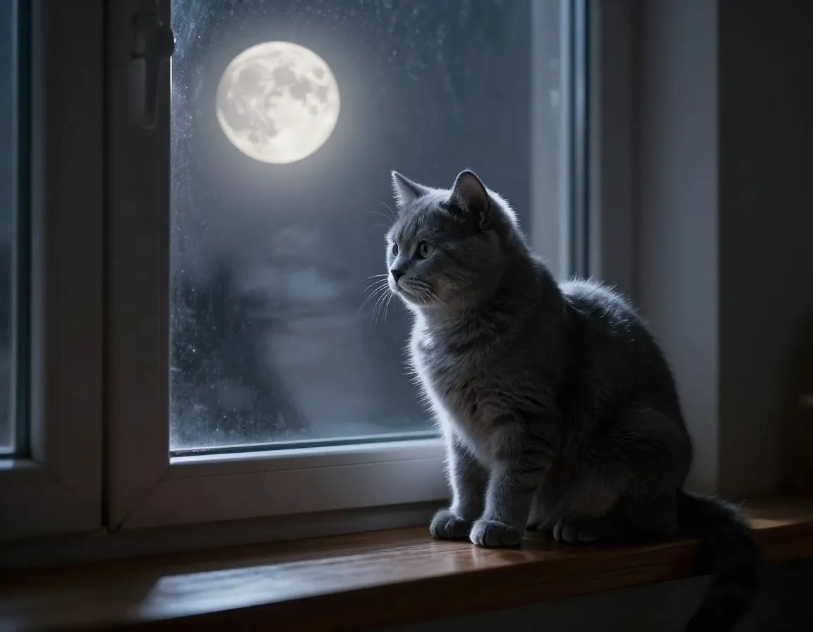 A serene gray kitten sits bathed in silvery moonlight on a windowsill