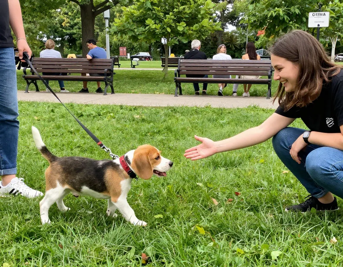 Beagle puppy meeting friendly person early socialization park