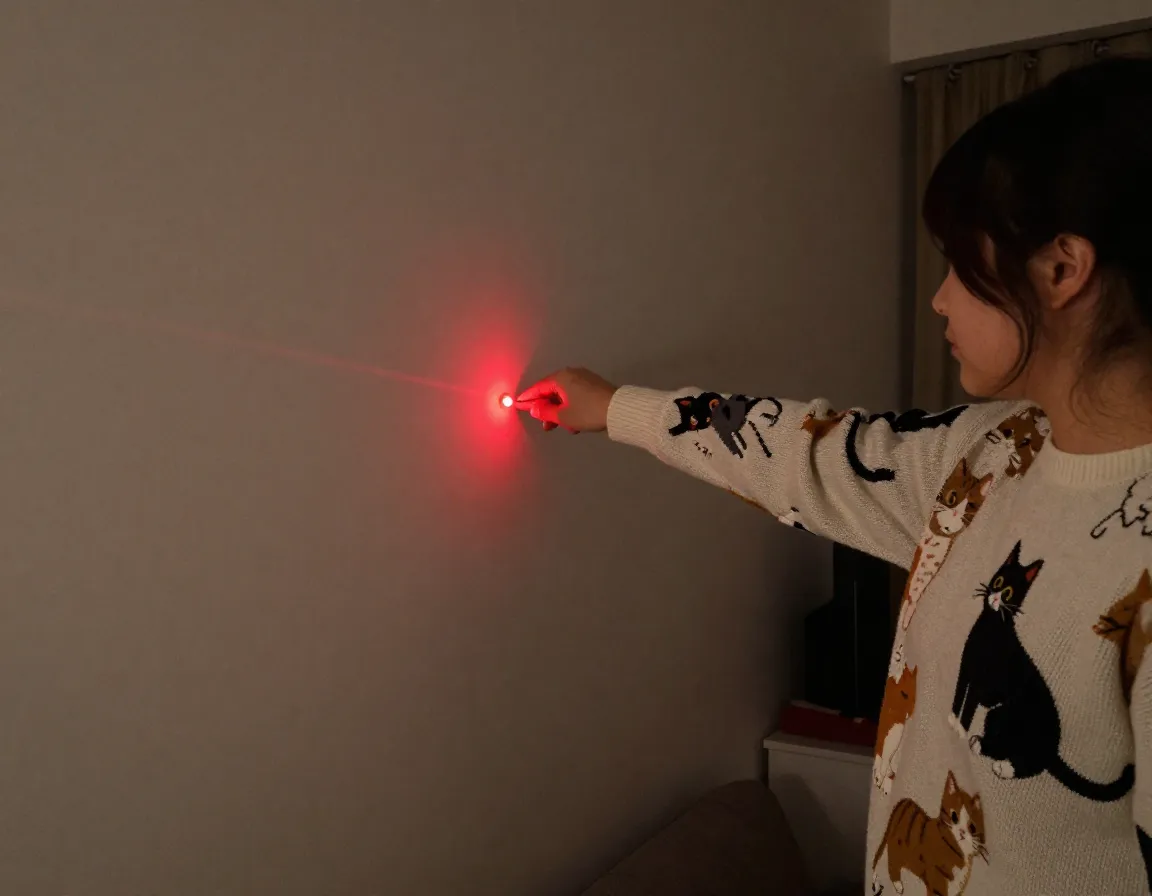 Interactive laser pointer sweater projecting red dot onto nearby wall