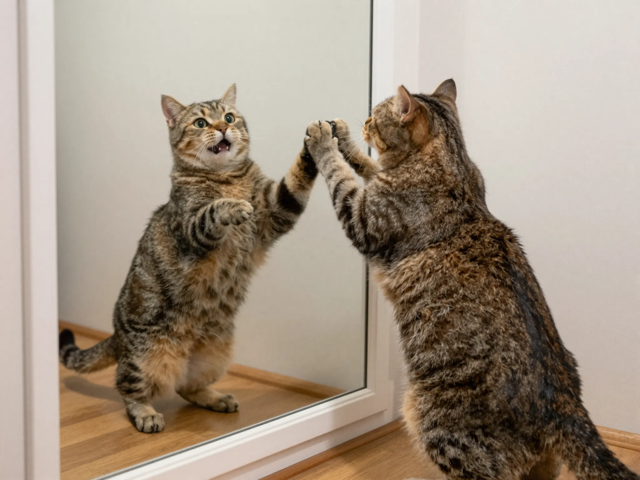 Startled cat arching its back at its own reflection in mirror