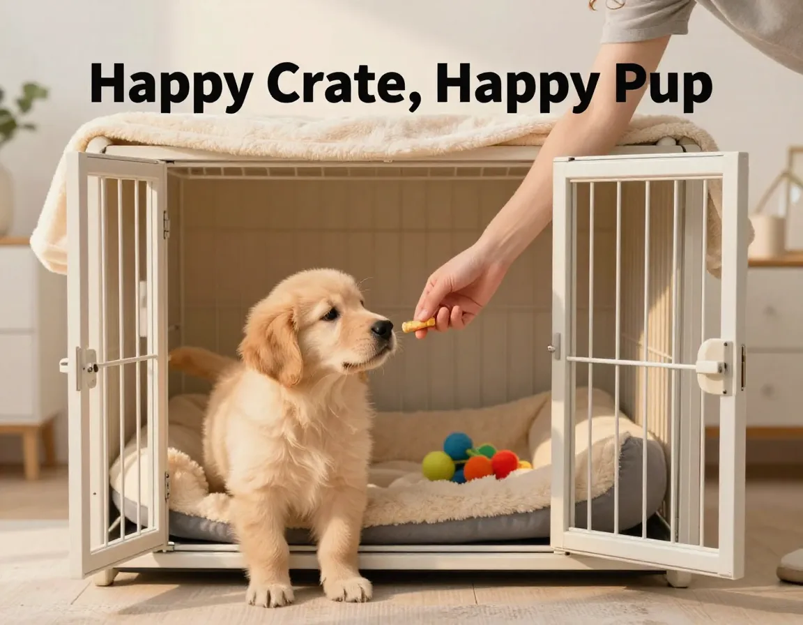 Golden puppy cozy crate open door treat offer hand training
