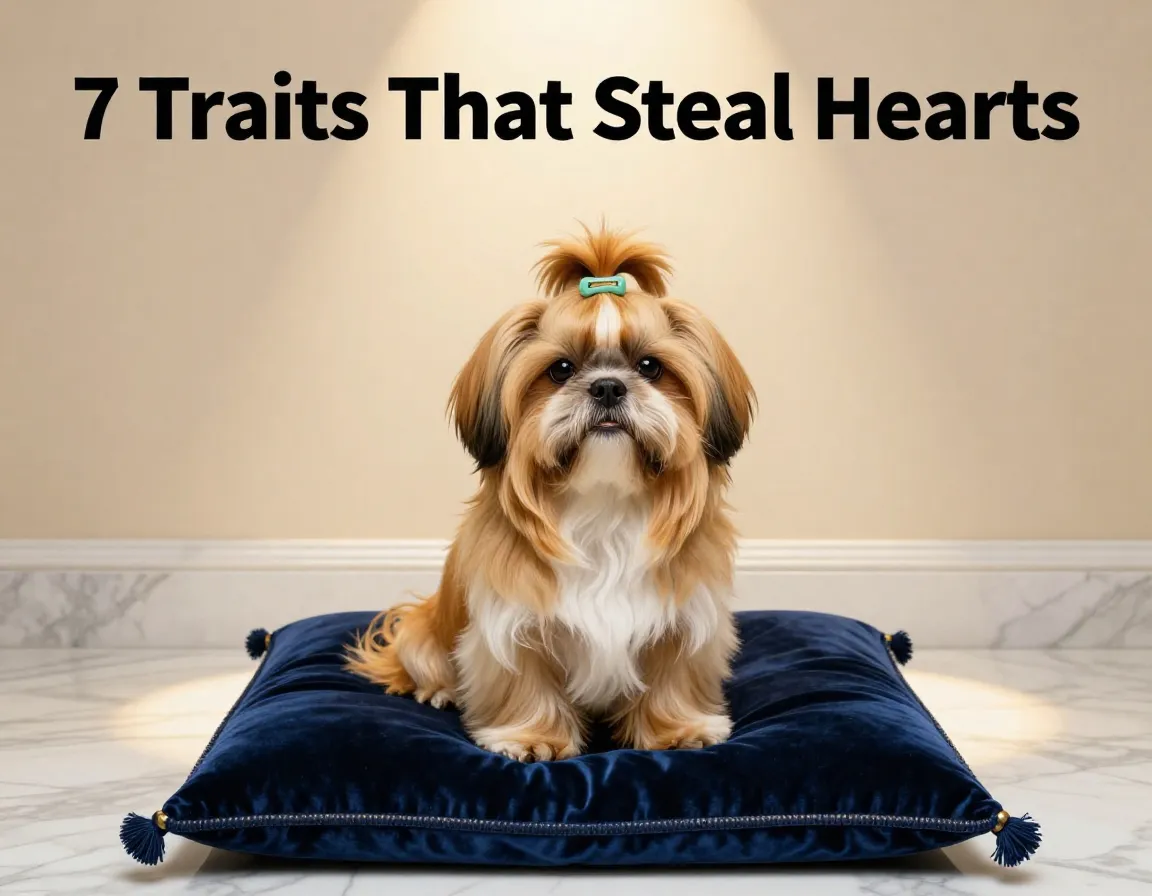 Majestic shih tzu golden coat sapphire velvet cushion marble floor