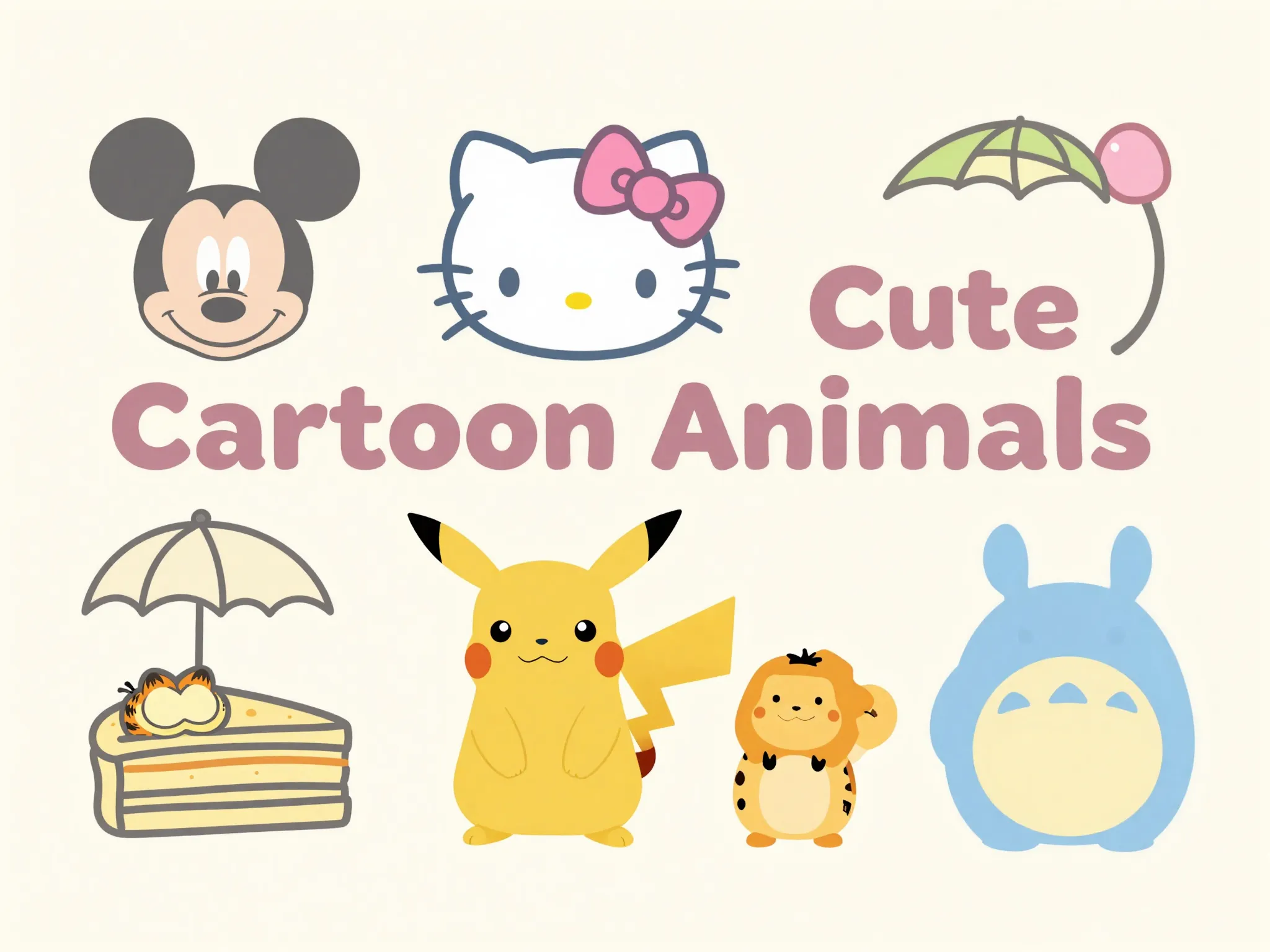 Minimalist pastel flatlay icons of eight beloved cartoon animal characters