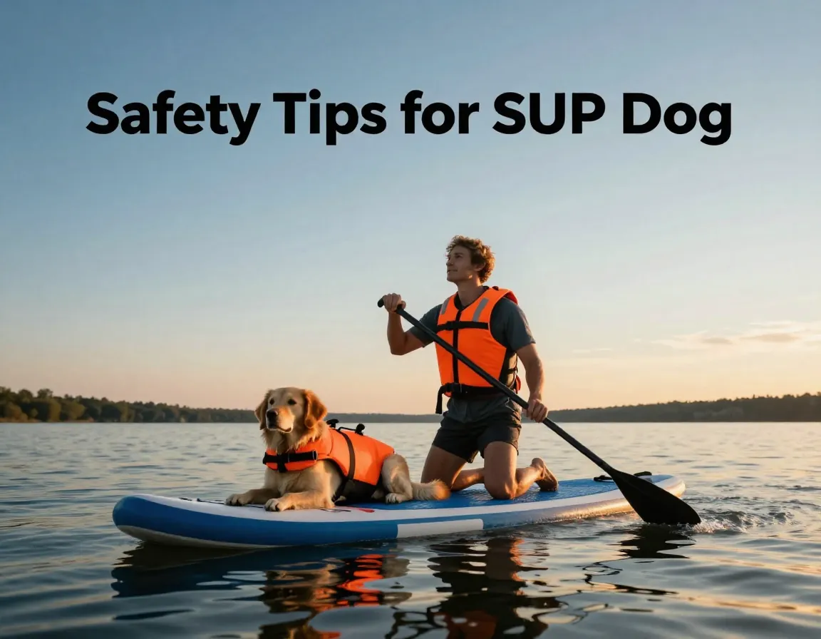 People kneeling with dog on paddleboard at sunset on calm lake
