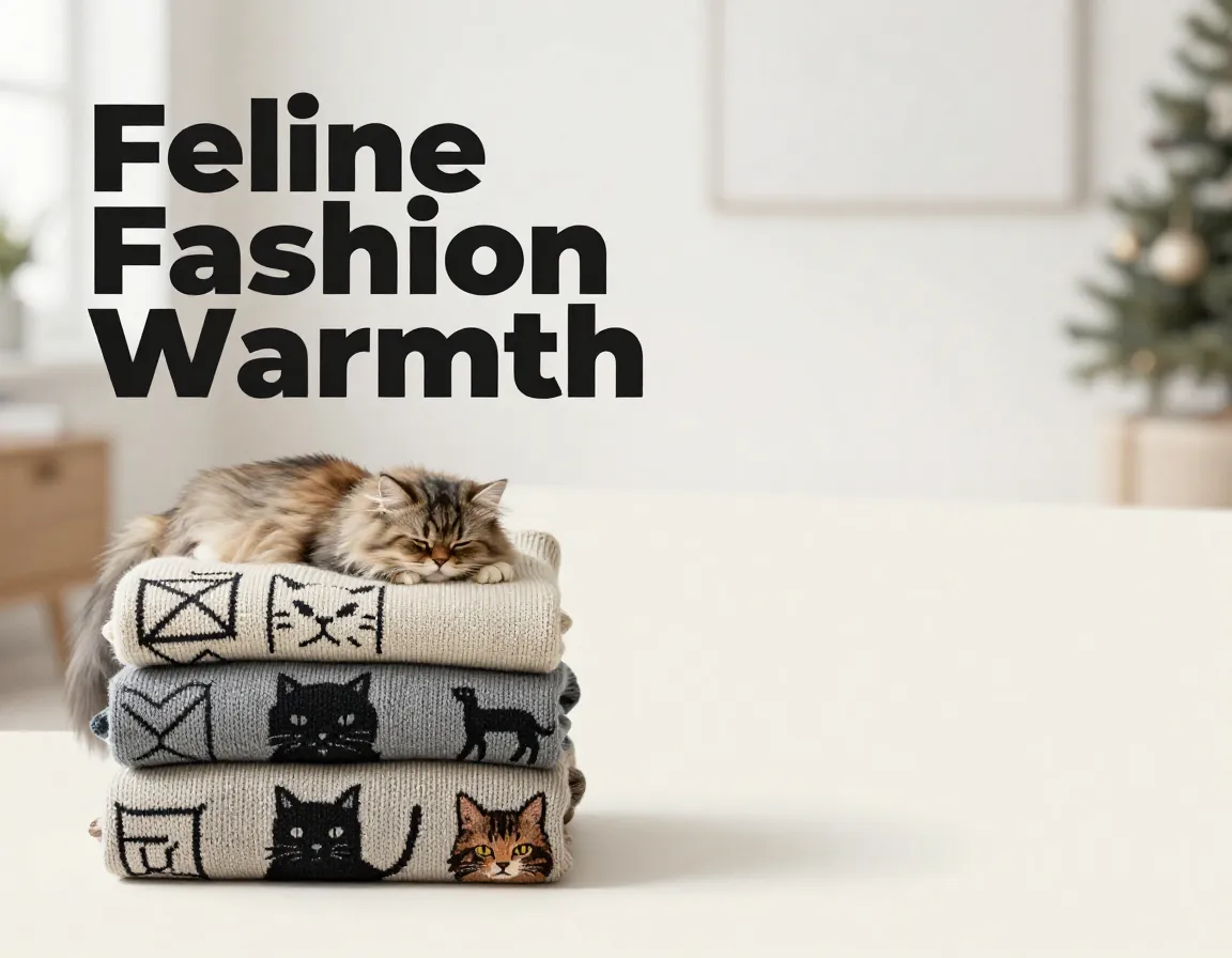 Stacked cat sweater designs with sleeping persian feline