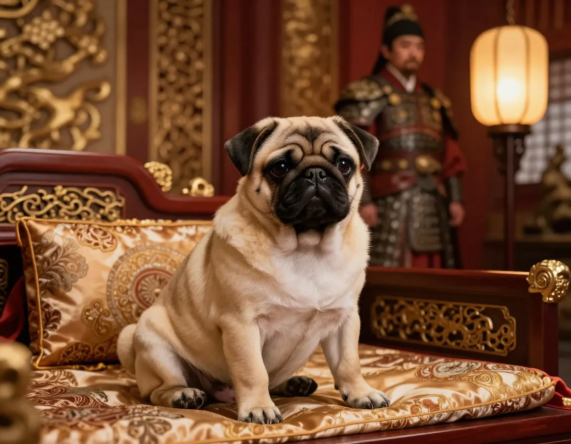 Ancient royal pug puppy in luxurious han dynasty palace