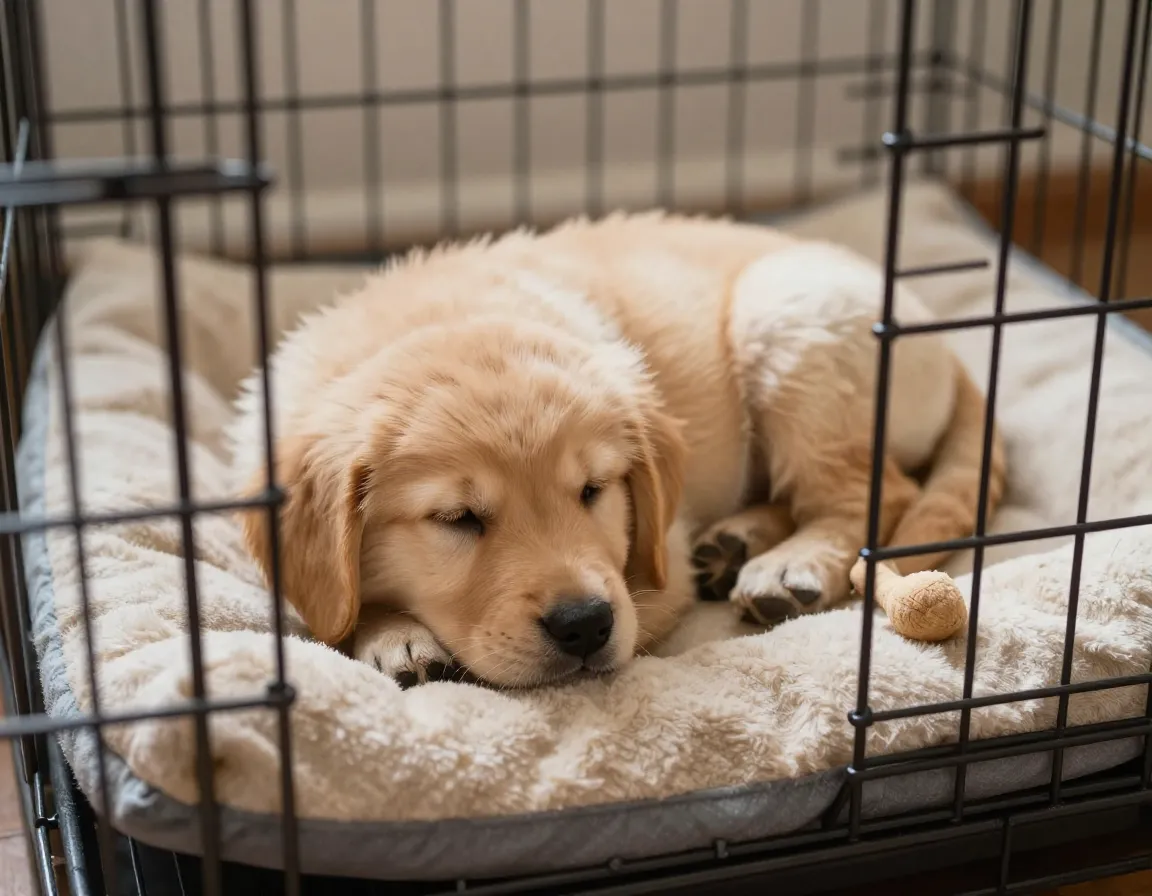 Calm puppy curled on soft bedding in open wire crate